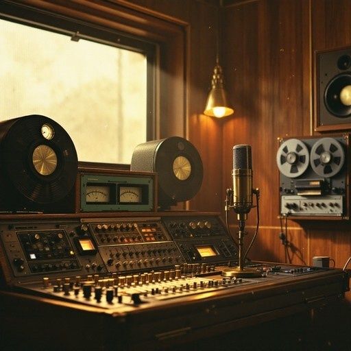 Vintage analogt lydstudio med båndspillere, miksepult og mikrofon